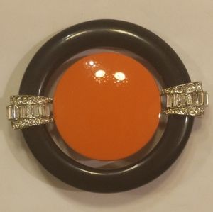 Art Deco Kenneth Lane Black and Coral Rhinestone Brooch